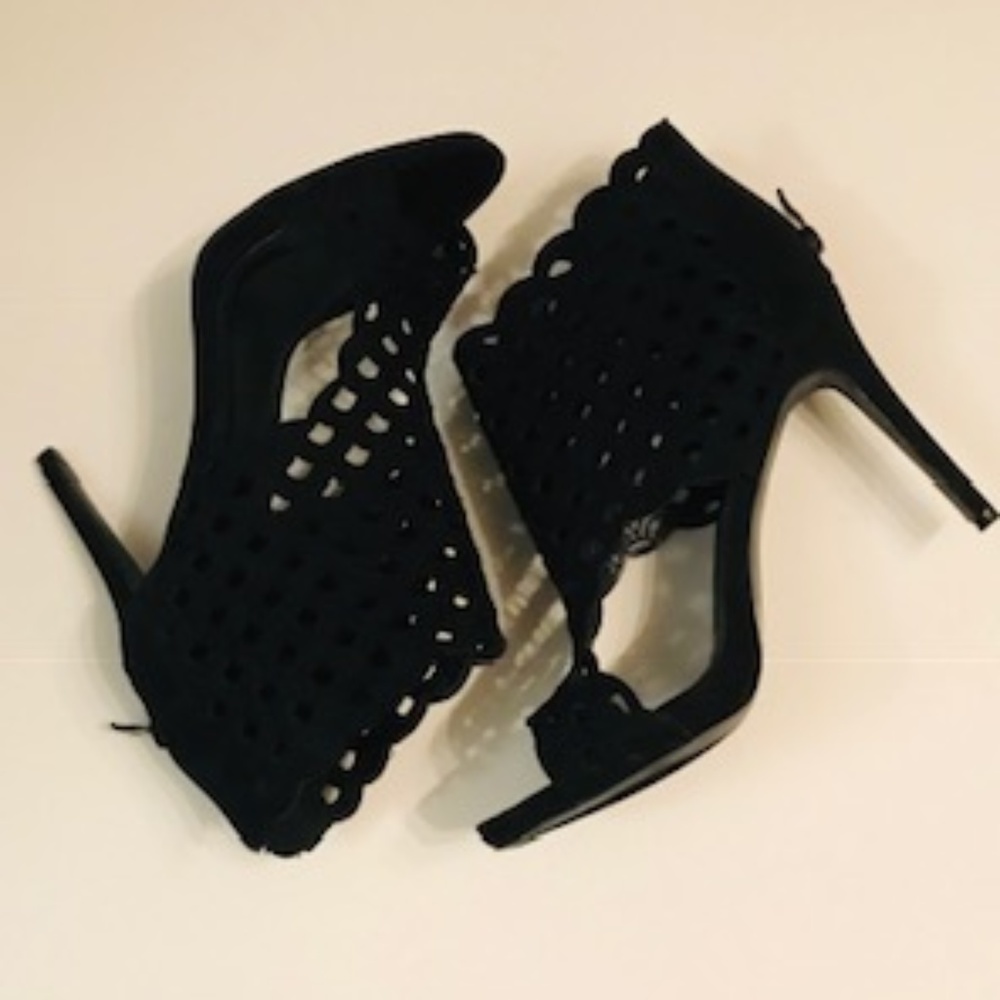 3/30 Black Faux Suede Cutout Peep Toe Bootie
